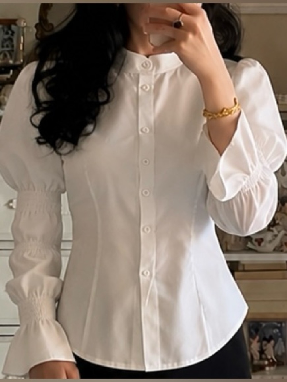 White Puff-Sleeve Button-Up Blouse - Classic Women's Top